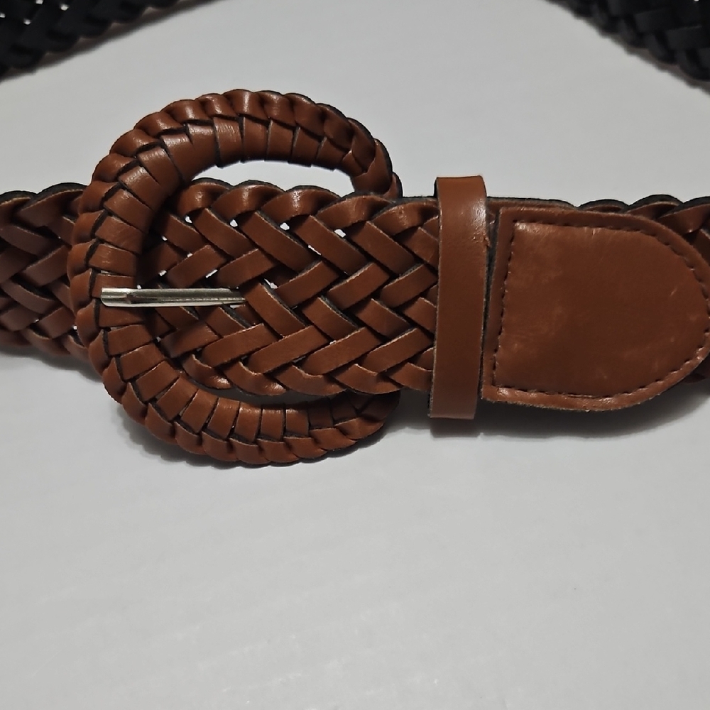 Brown Woven Leather Wide Adjustable Belt Size S